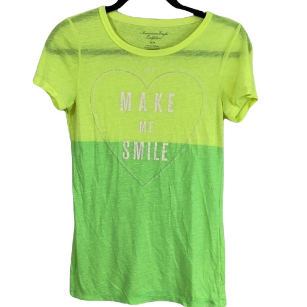 American Eagle T-shirt M bright green/yellow “you make me smile”